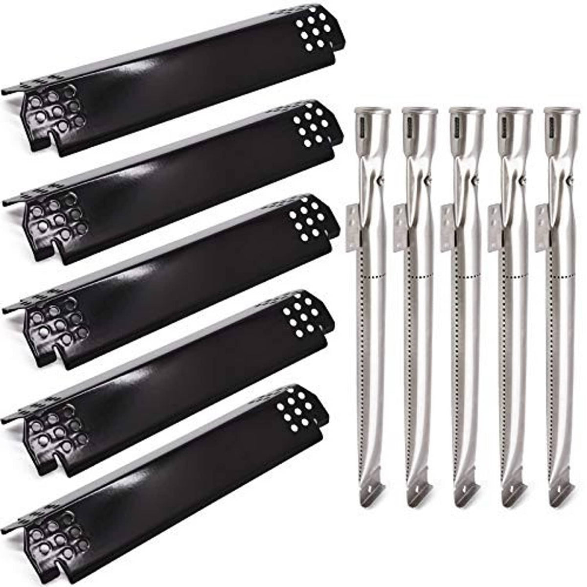 Five black porcelain steel burner tubes with stainless mounting legs and screws