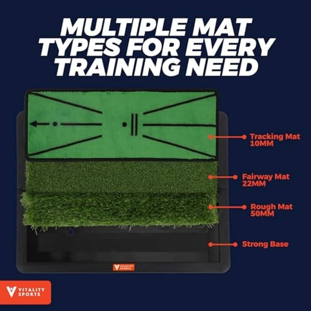 Golf hitting mat showing tracking, fairway, and rough sections with strong base backing