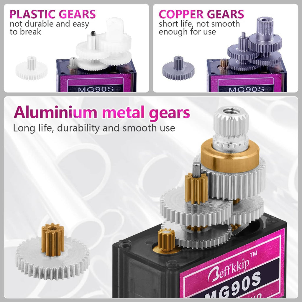 Micro servo motor showing metal gear set versus plastic gear comparison