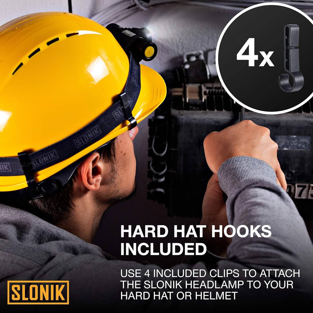 Rechargeable headlamp with 4x hard hat hooks, included USB charging parts