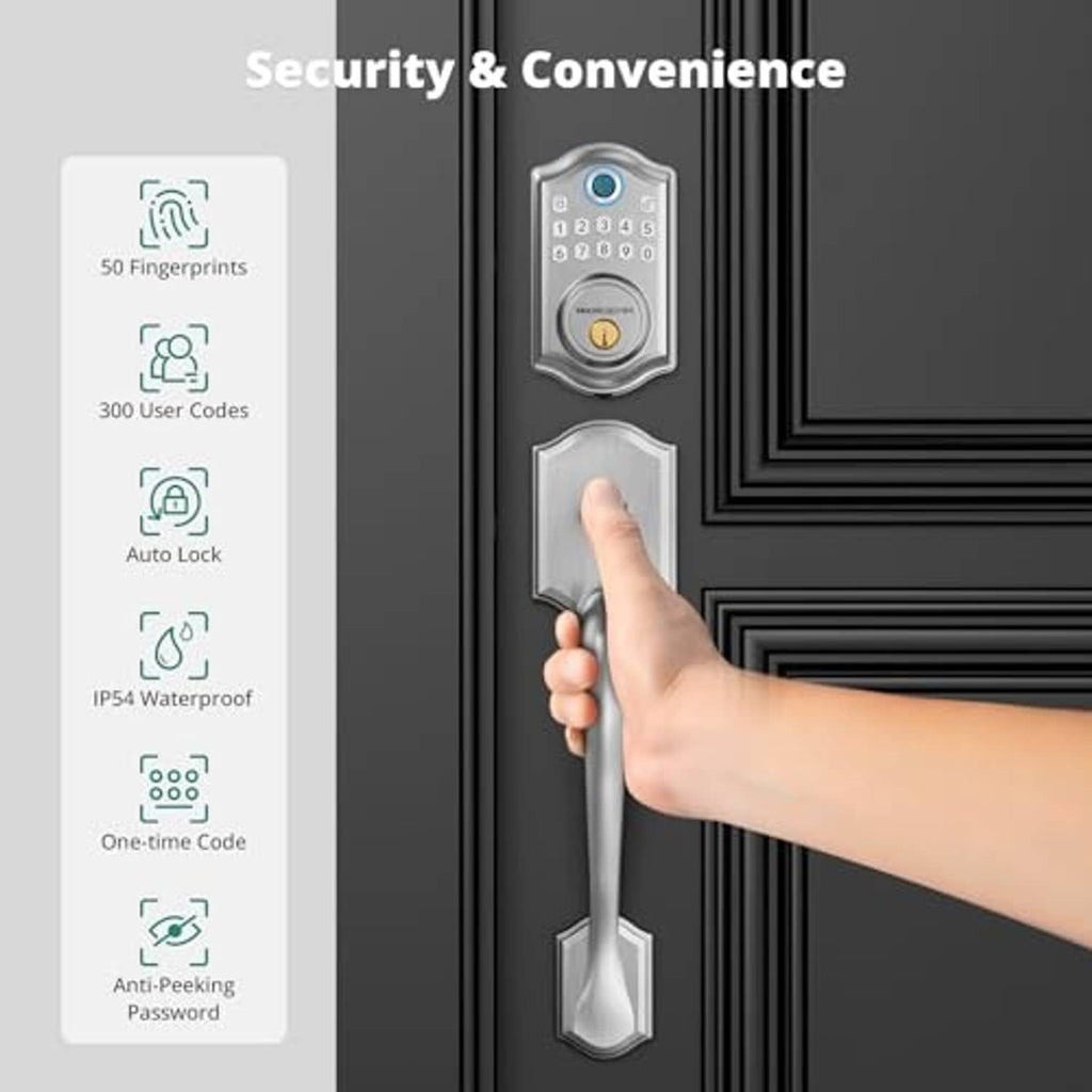 Keypad door lock with satin nickel lever handle, hand pressing unlock