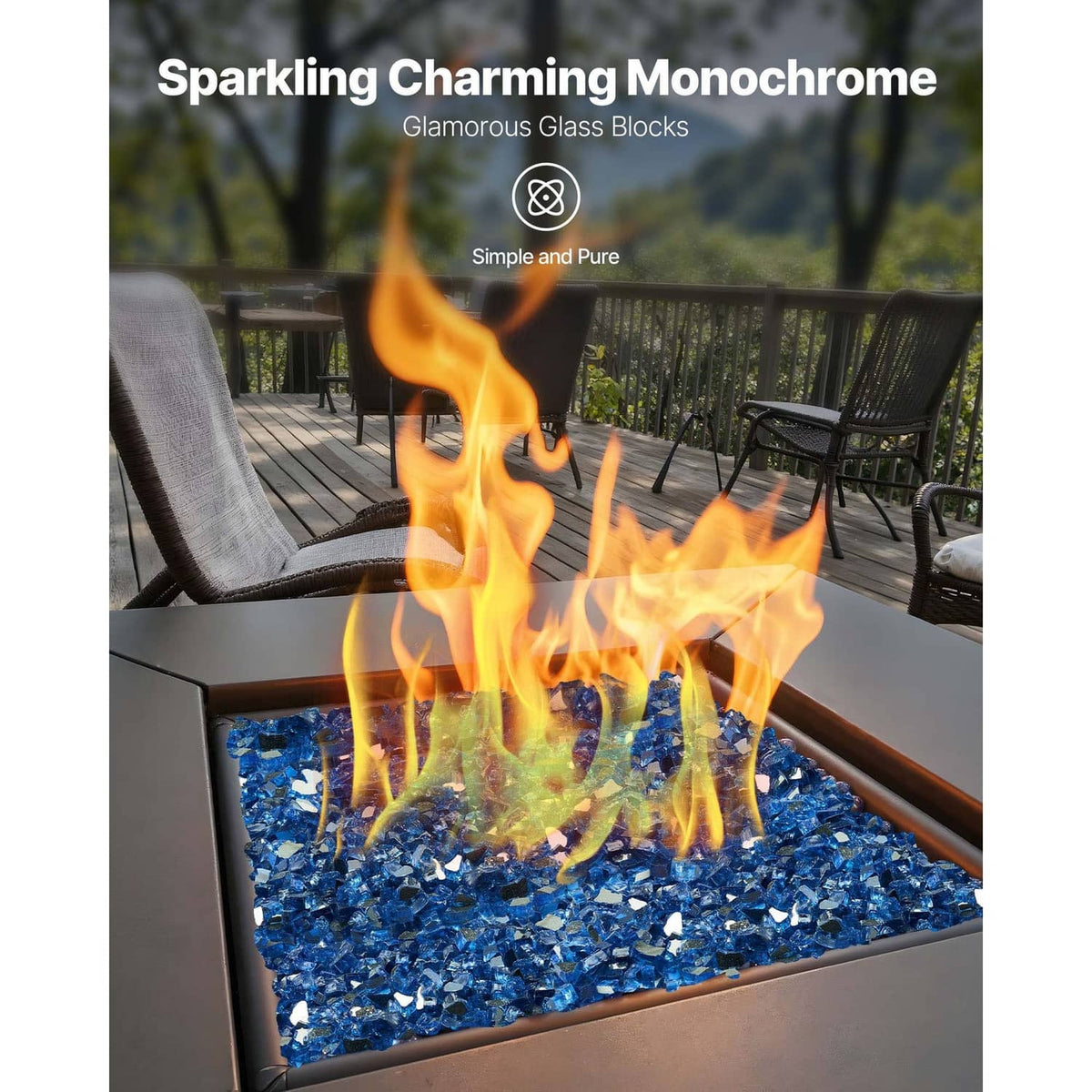 Pacific blue fire pit glass rocks with flames rising from a square fire bowl.
