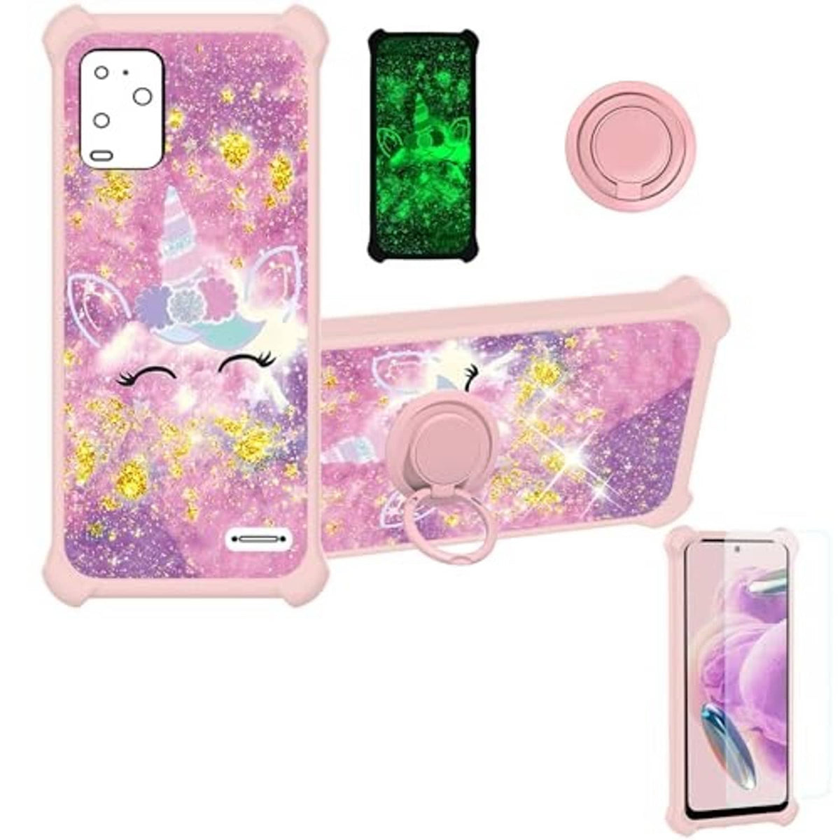 Pink glitter phone case set with unicorn design, plus green case and circular pink ring stand