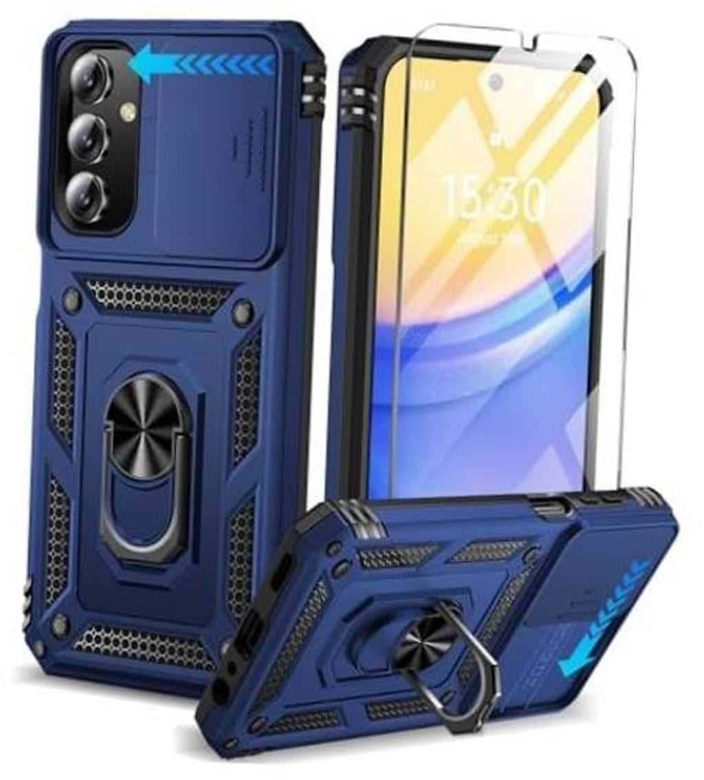 Blue rugged phone case with built-in slide camera lens cover and clear screen protector