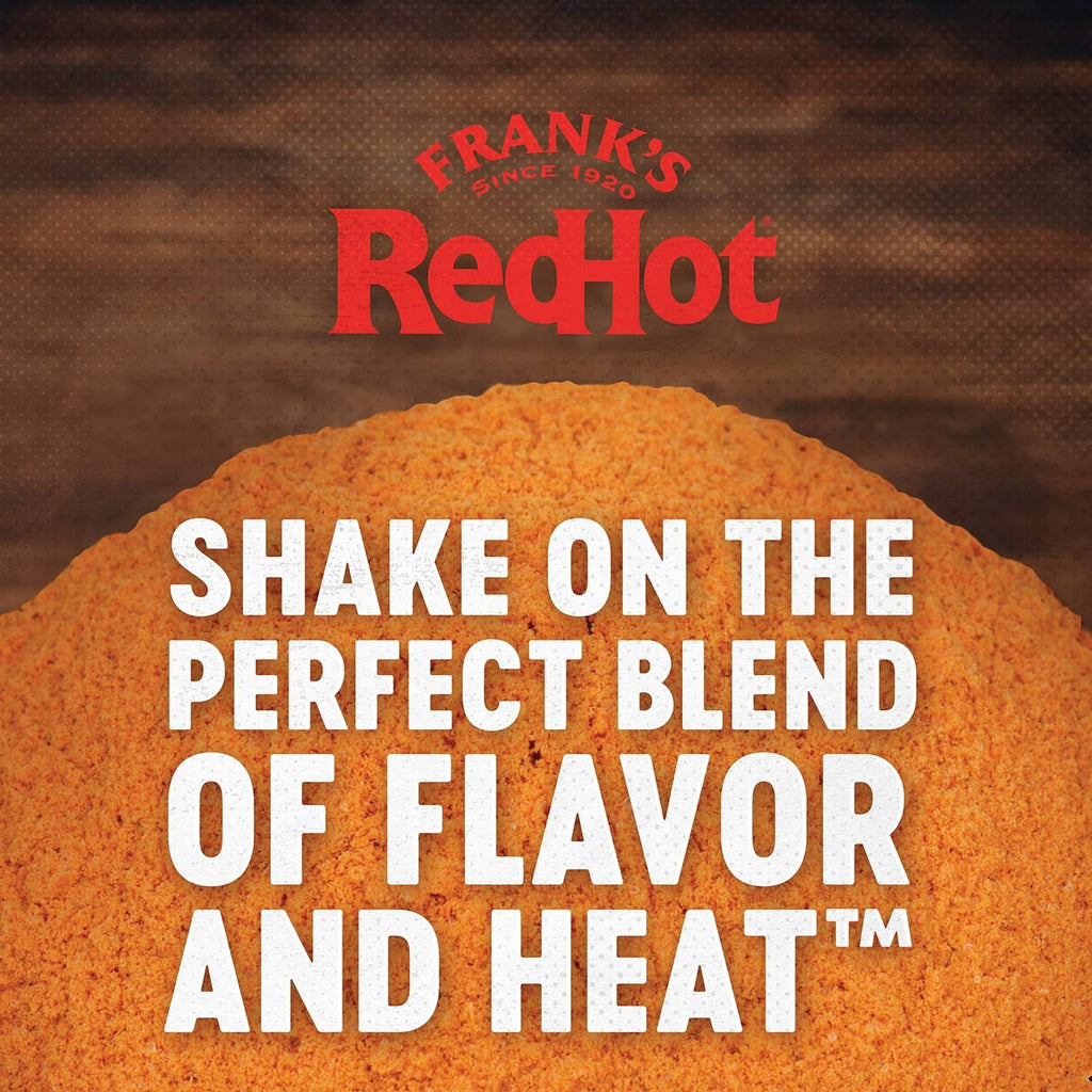 Orange seasoning powder pile with Frank's RedHot branding above