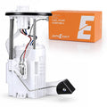 Fuel pump assembly with white module and electrical wiring, plus orange branded box
