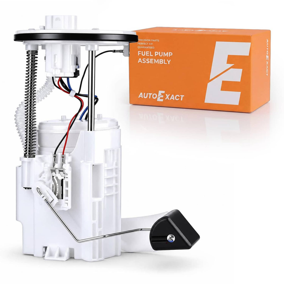 Fuel pump assembly with white module and electrical wiring, plus orange branded box