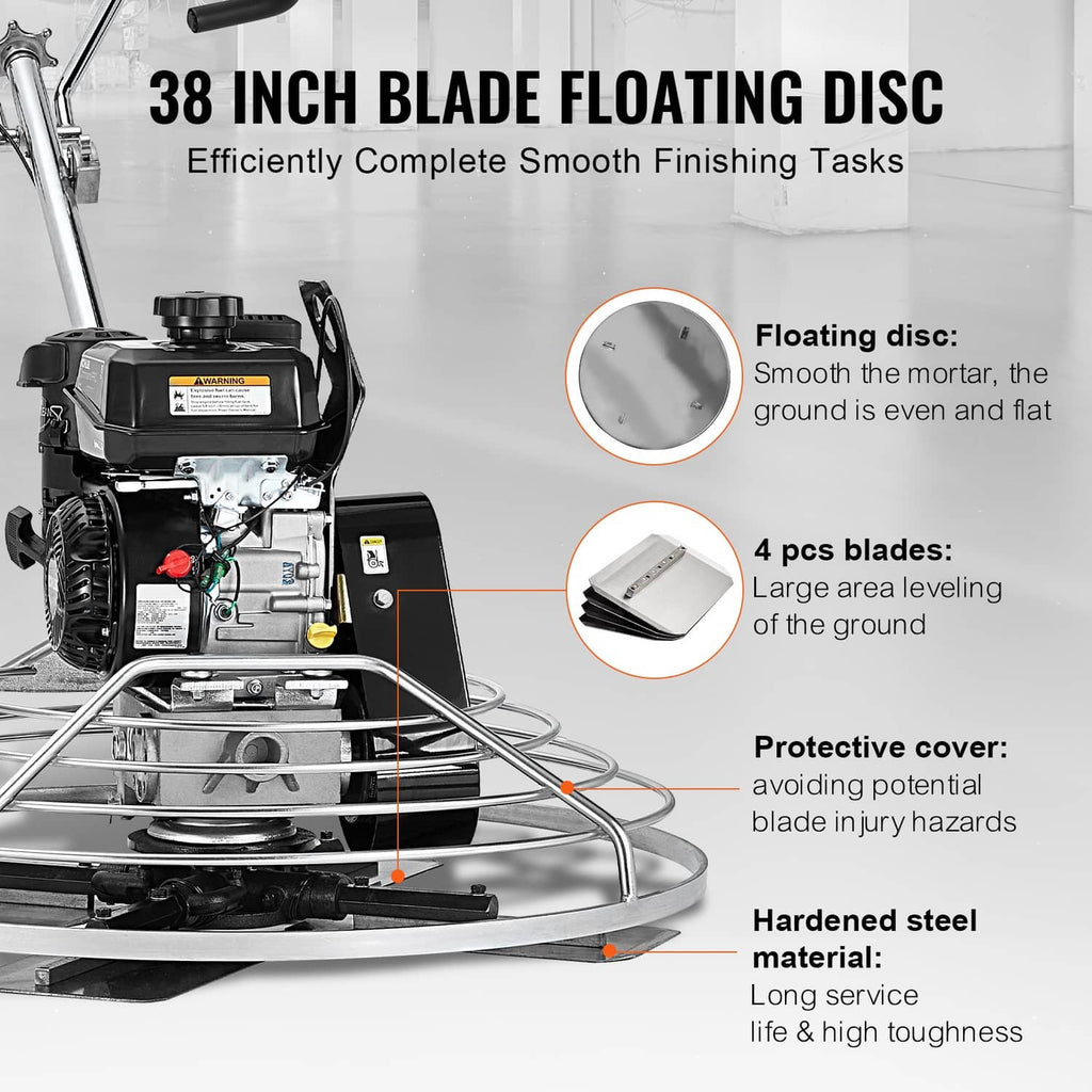 Walk-behind cement trowel with floating disc, blade cover and engine housing