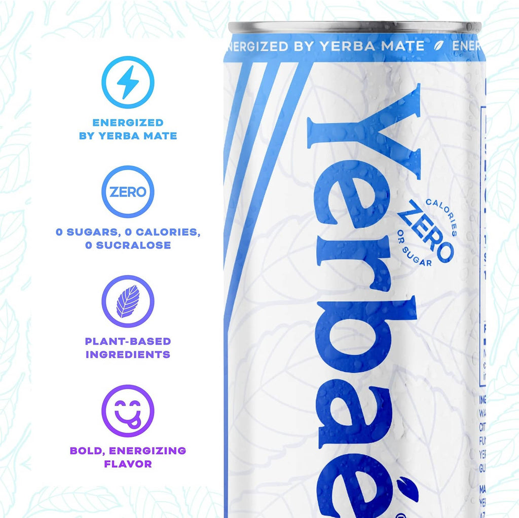Yerbaé Energy Seltzer can with blue logo and zero sugar label