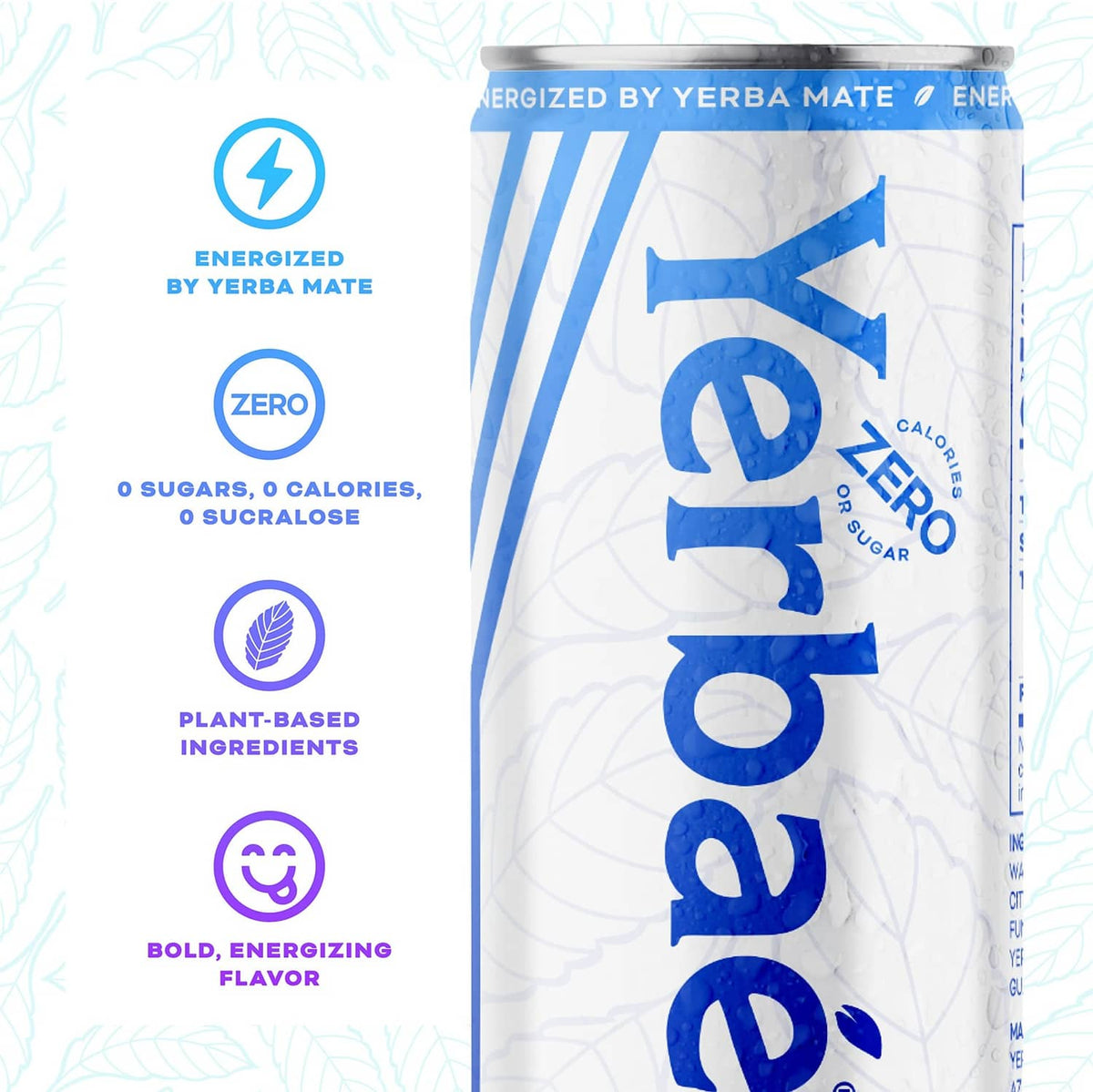 Yerbaé Energy Seltzer can with blue logo and zero sugar label