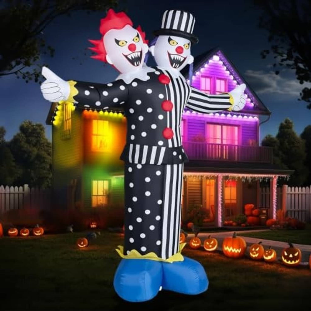 Inflatable two-headed clown decoration in black-and-white striped outfit with blue inflatable feet