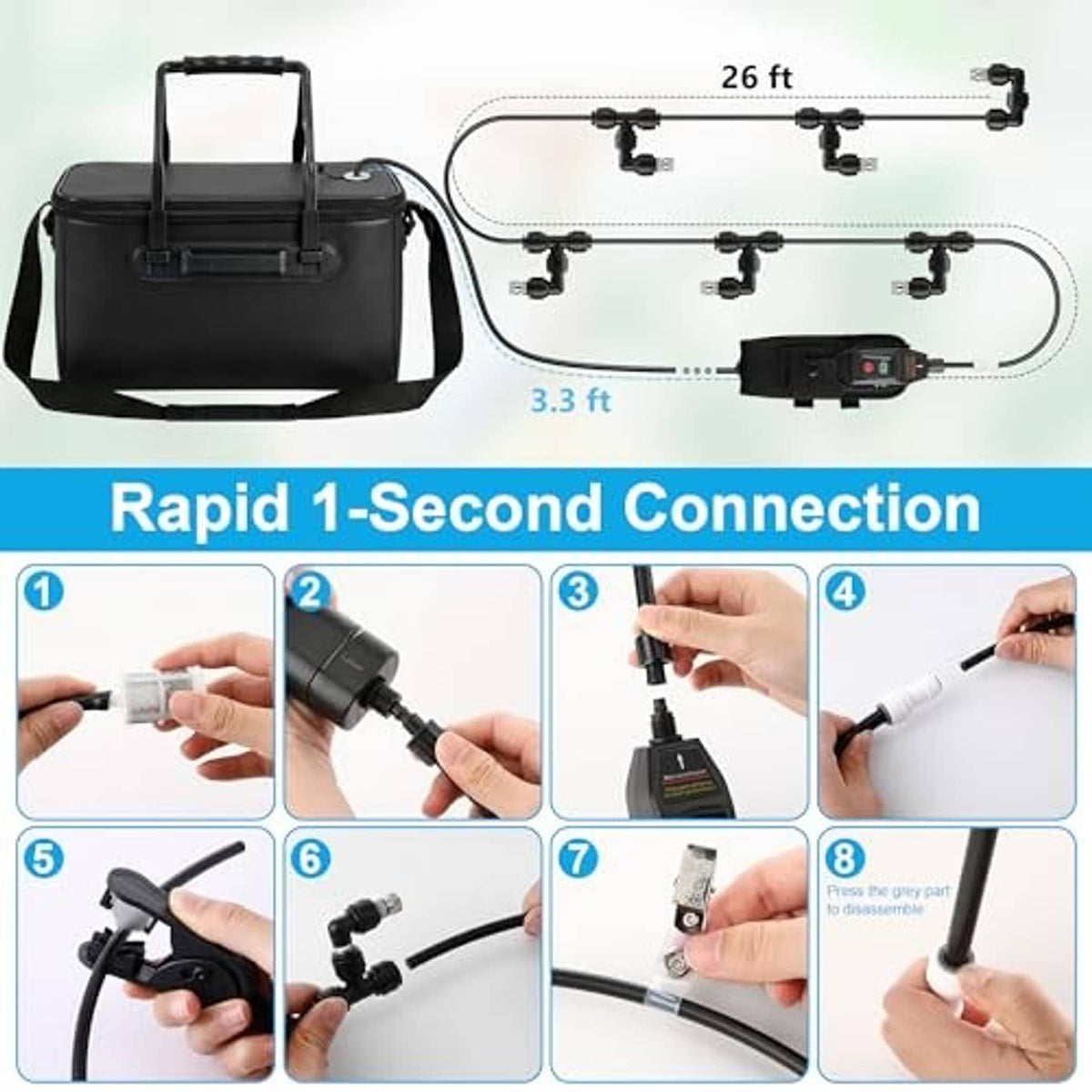 Black misting system with bucket and hoses shown in rapid connection setup