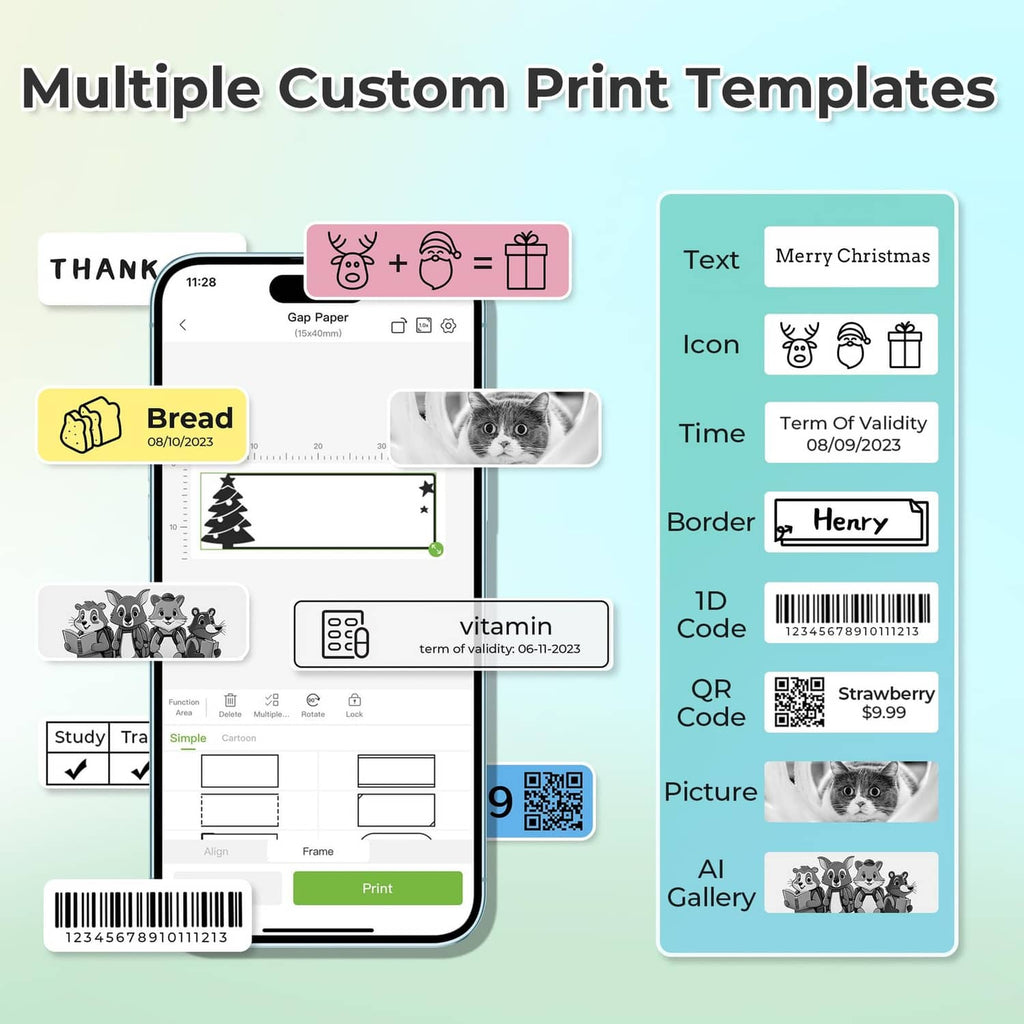 Smartphone displaying multiple custom label print templates with QR code