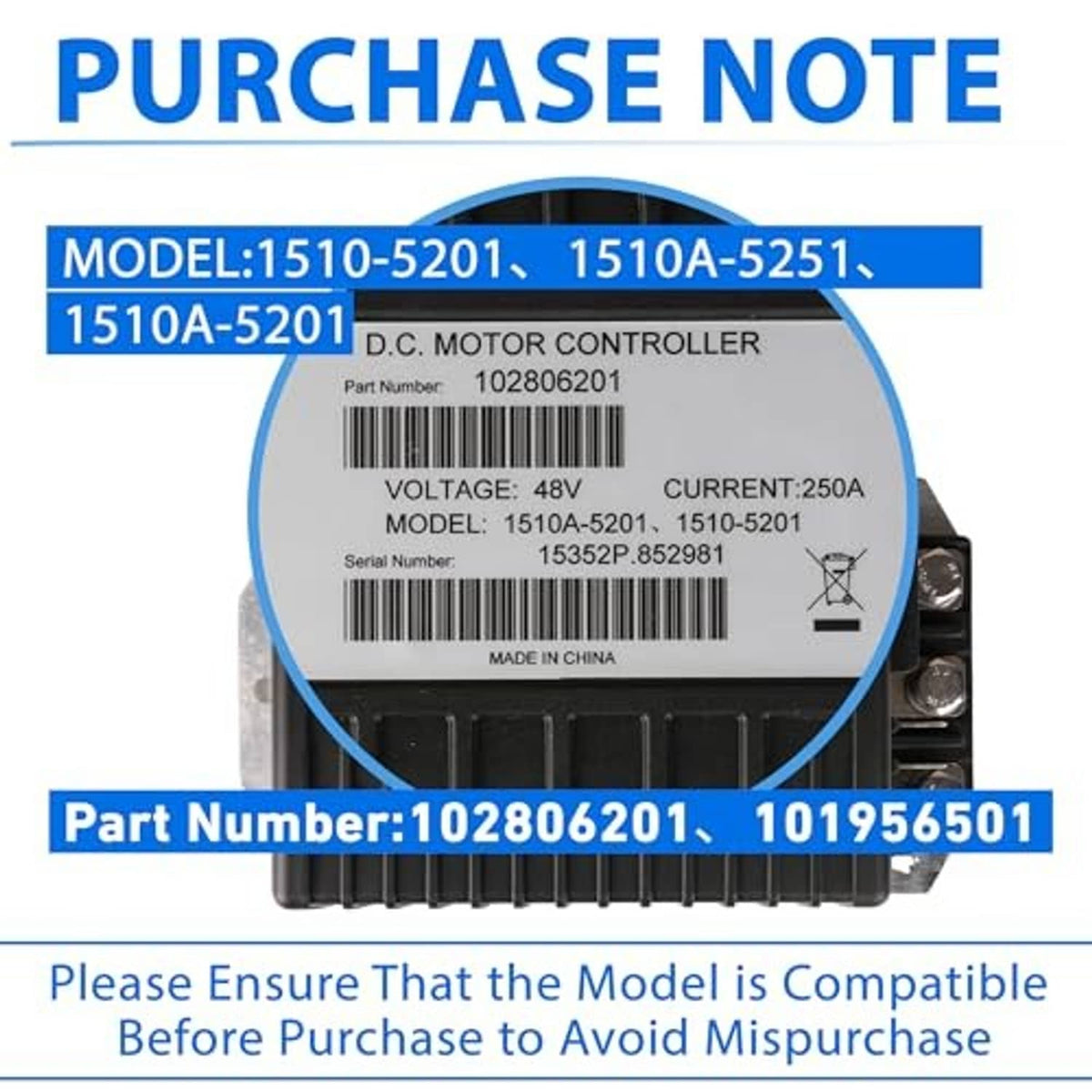 Motor controller model label close-up with voltage and current ratings and part numbers