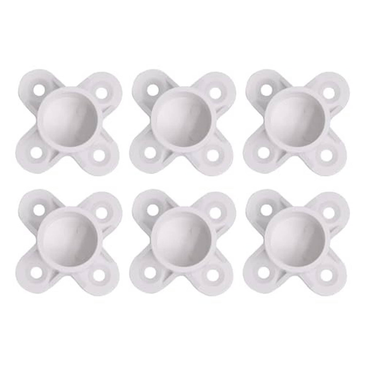 6-pack of white PVC pipe flange cap fittings, round opening with four side mounting holes