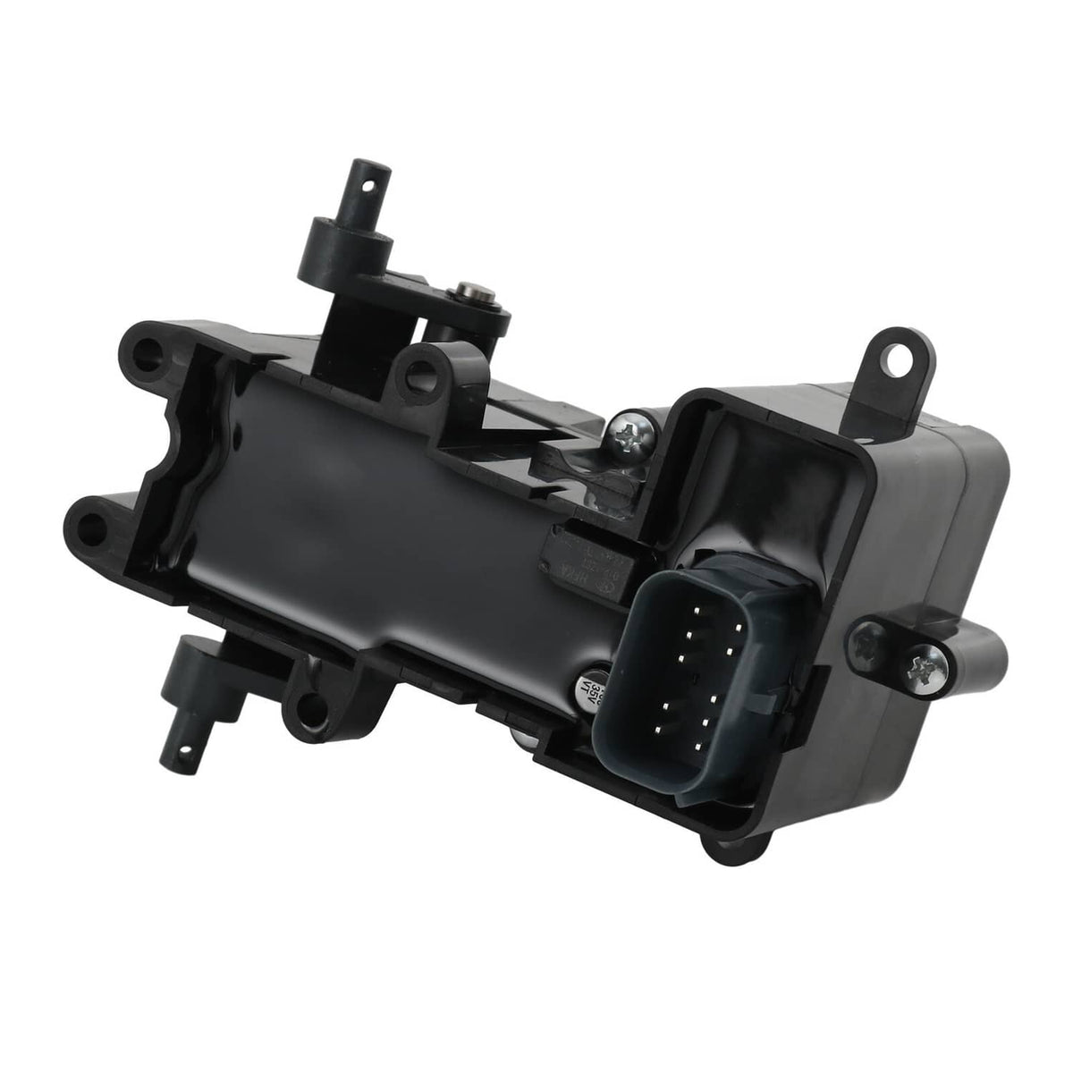 Brake control module assembly, black angled view with multi-pin connector and lugs