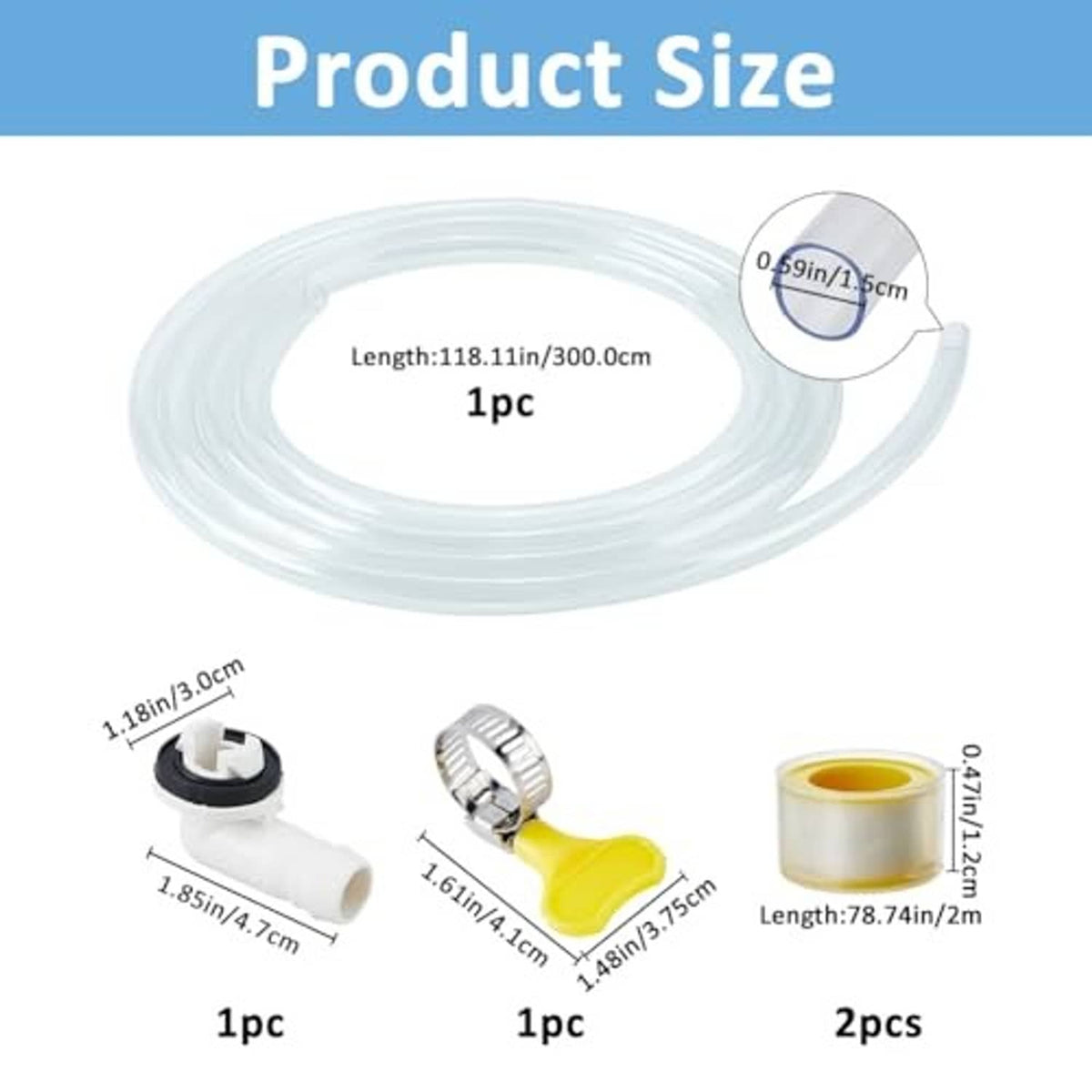 Clear AC drain hose with connectors shown on product size diagram