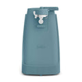 Bella electric can opener with teal housing and top cutting head, compact countertop design