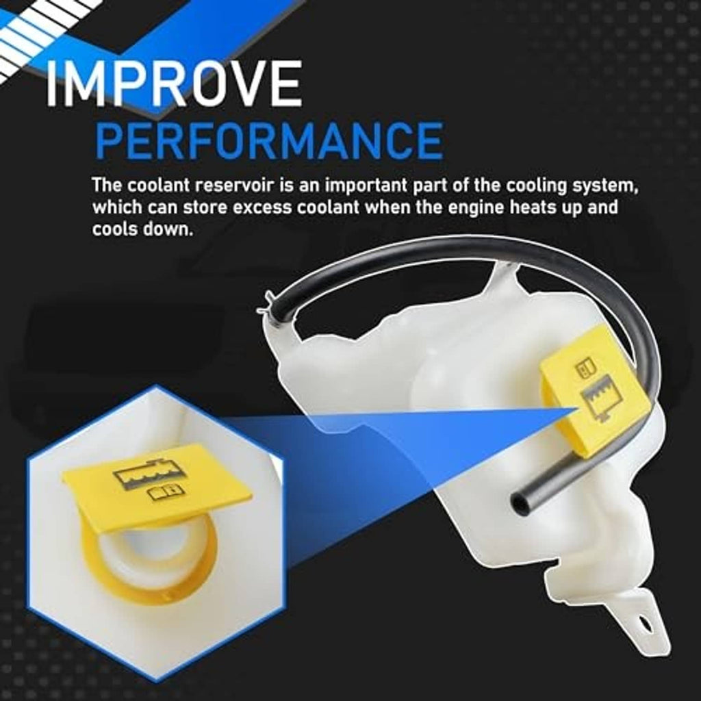 White coolant reservoir overflow tank with yellow cap and curved black hose