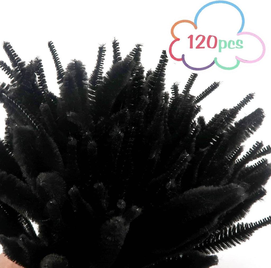 Black chenille pipe cleaners, 120 fuzzy stems fanned out