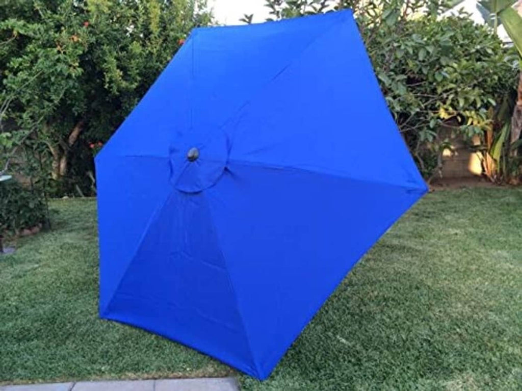 Royal blue patio umbrella replacement canopy open, with center button and folded panels
