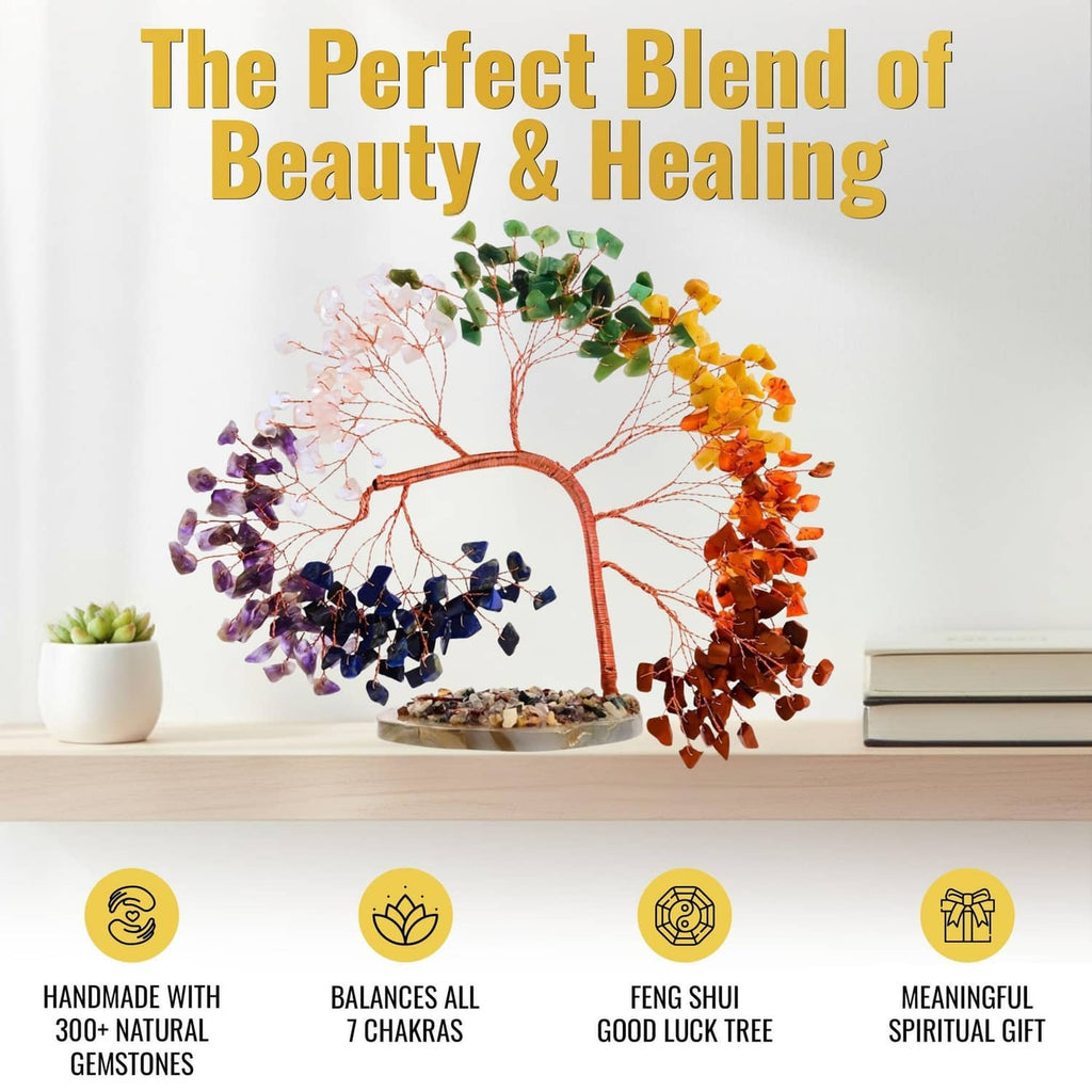 Seven chakra gemstone bonsai tree with multicolored crystal branches on round base