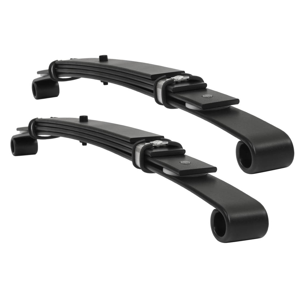 Two black rear leaf spring sets with end bushings and integrated mounting plates