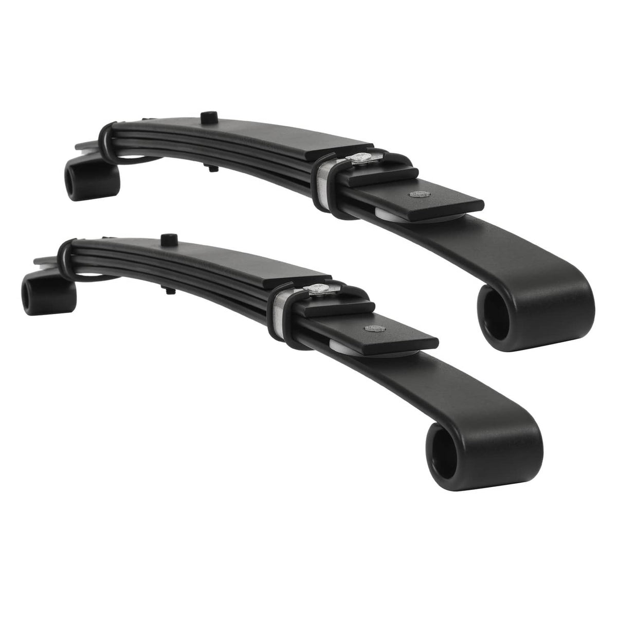 Two black rear leaf spring sets with end bushings and integrated mounting plates