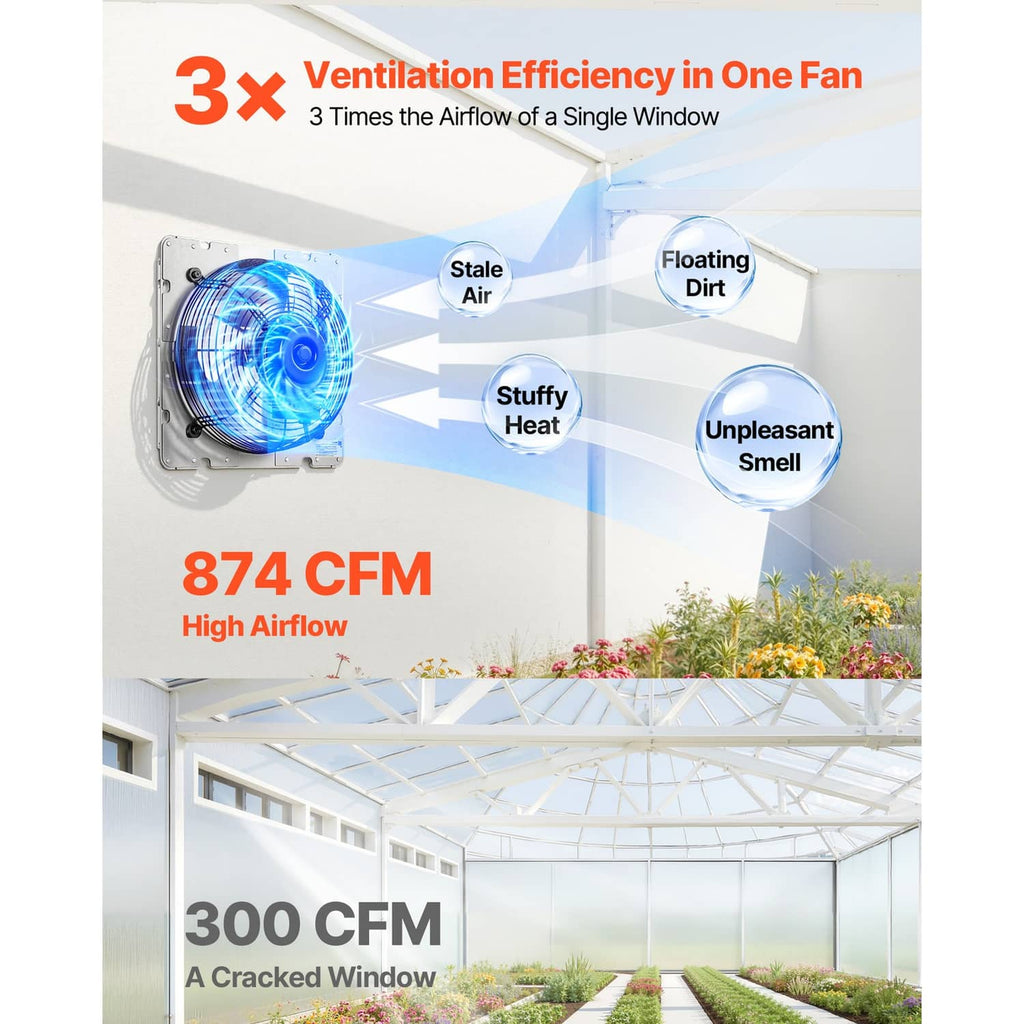 Wall-mounted exhaust fan shown with airflow arrows and ventilation efficiency graphic