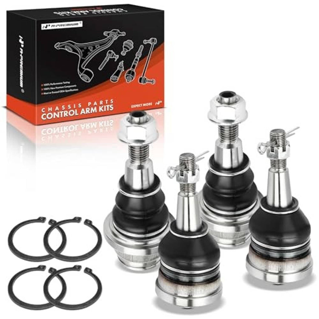 Ball joint set with four steel-and-chrome joints and black rubber dust boots, hardware included