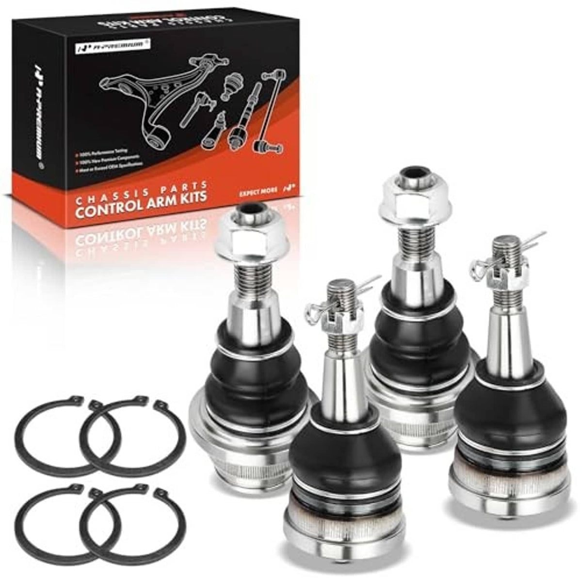 Ball joint set with four steel-and-chrome joints and black rubber dust boots, hardware included