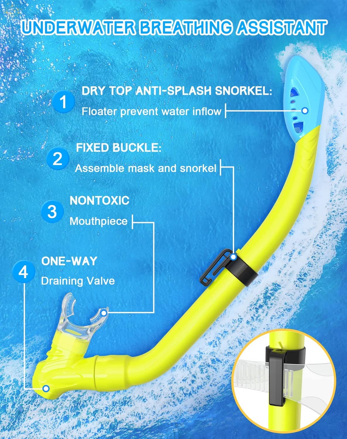 Kids underwater breathing snorkel set with yellow tube and clear mask