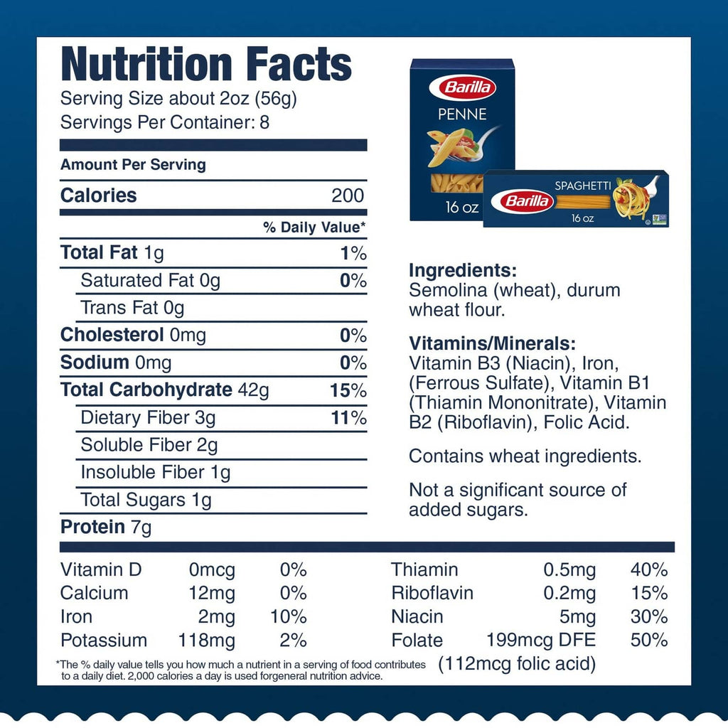 Nutrition Facts panel for penne and spaghetti pasta