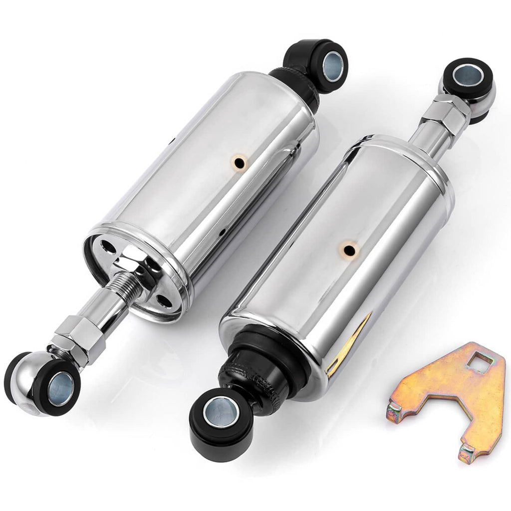 Chrome rear shock set with black bushings, adjustable rod, and U-bracket mounts