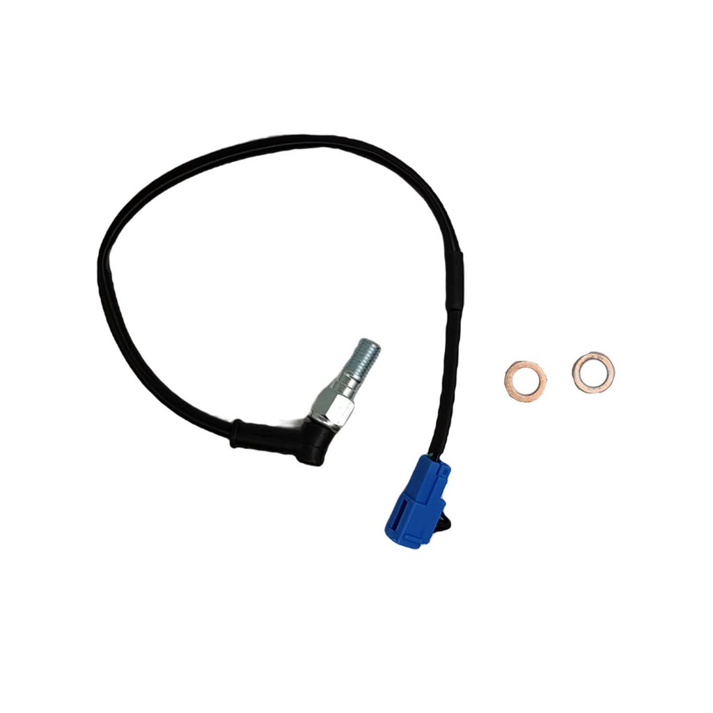 Brake stop switch sensor with black cable and blue connector, two copper washers