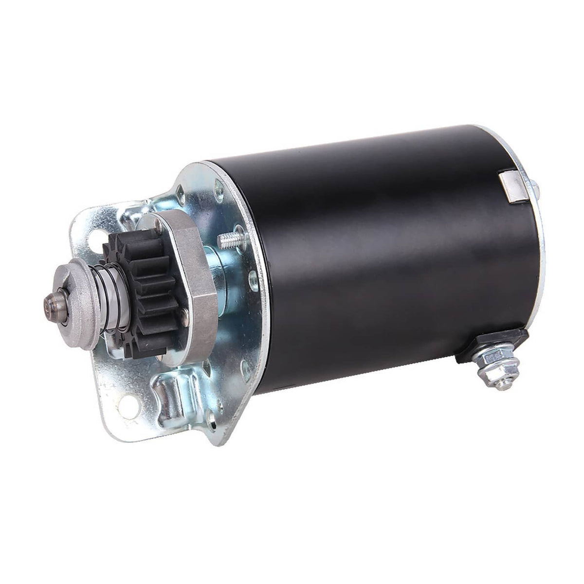 16-tooth starter motor with black housing, silver base plate, and side mounting bolts