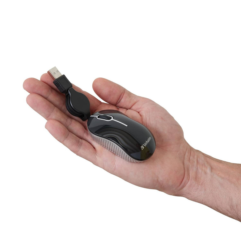 Blue mini wired optical USB mouse held in a hand