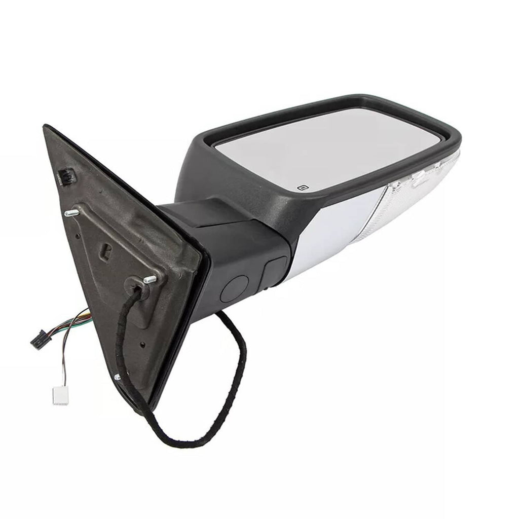 Left side mirror with black back cover and visible wiring harness