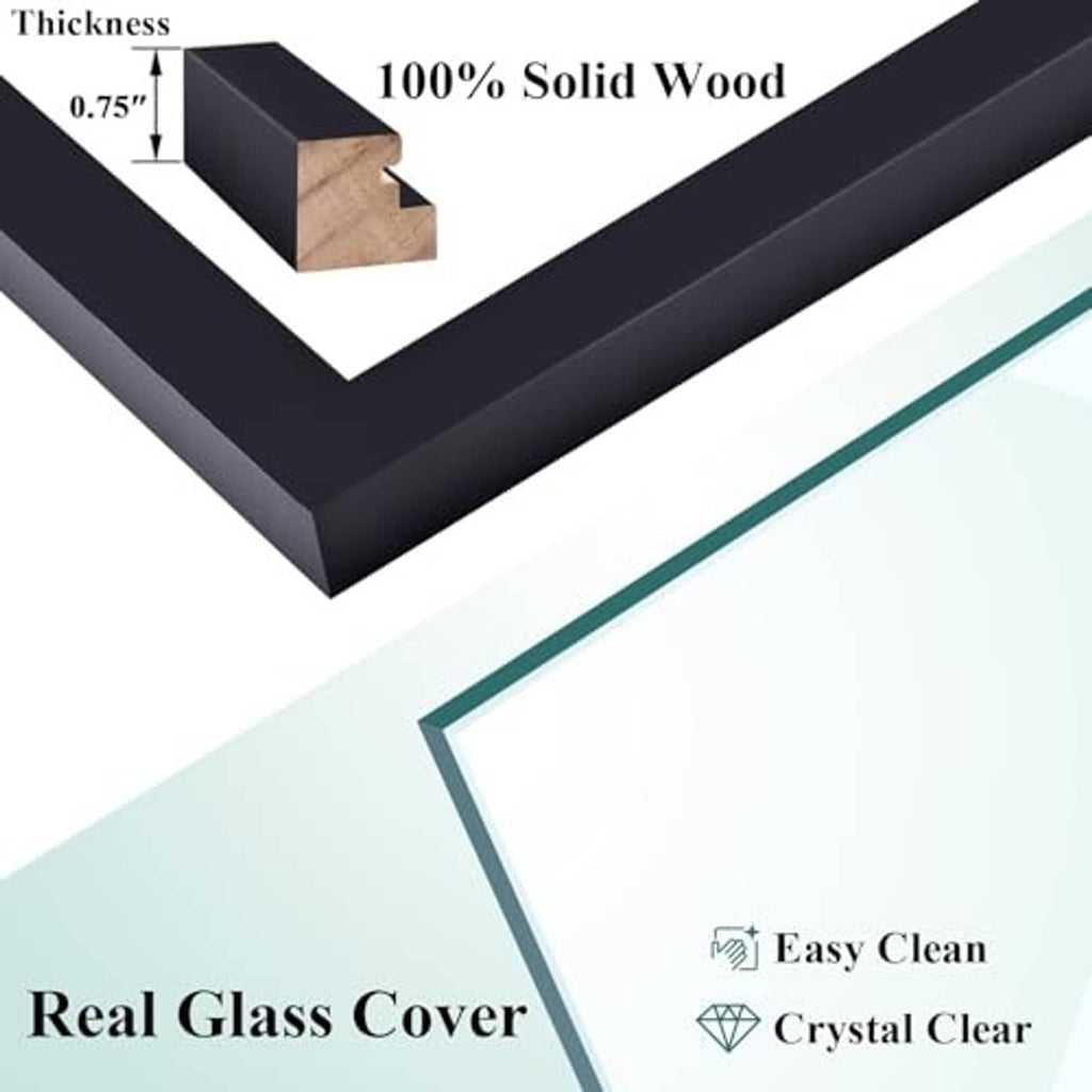 Black solid wood frame corner with clear glass cover and thick profile detail