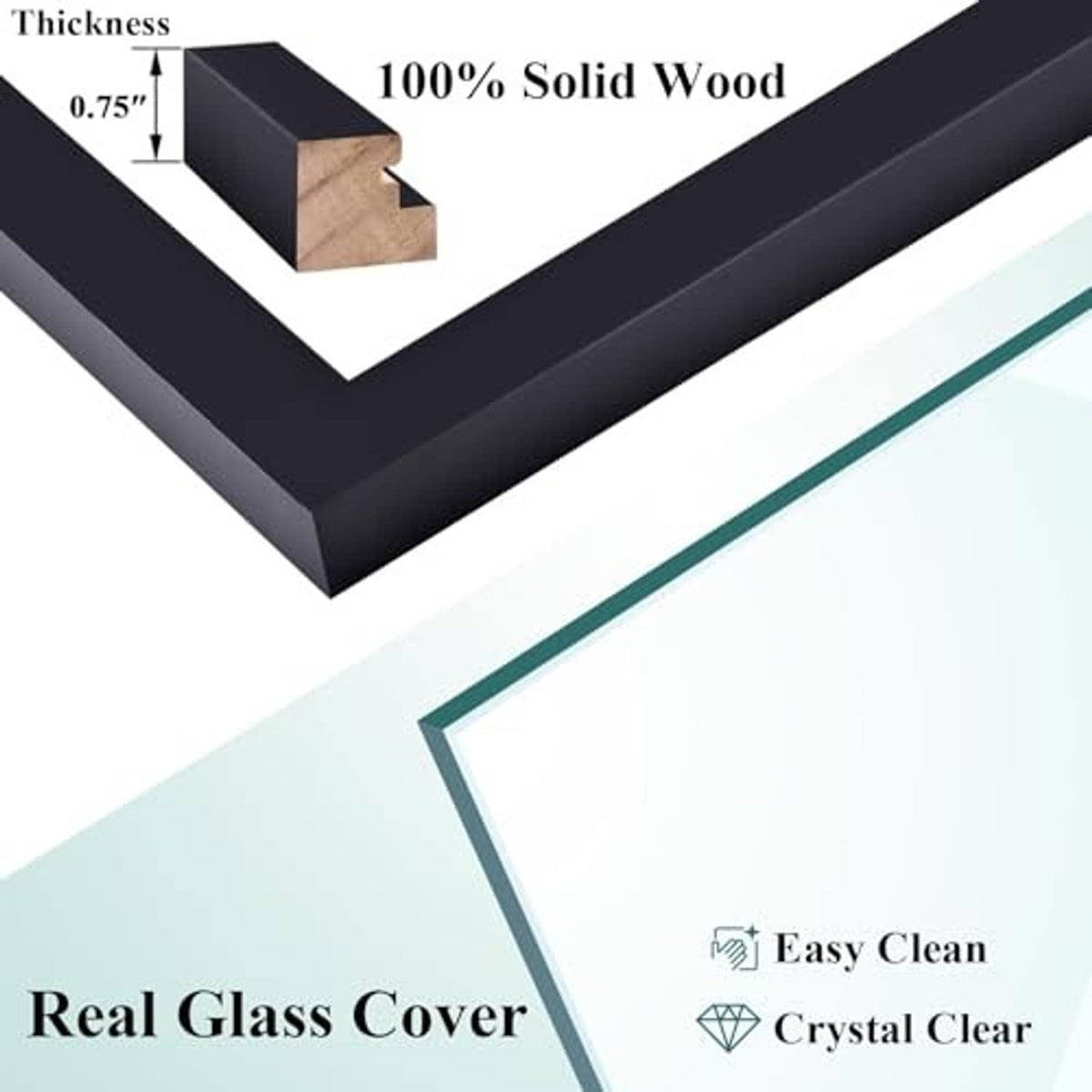 Black solid wood frame corner with clear glass cover and thick profile detail