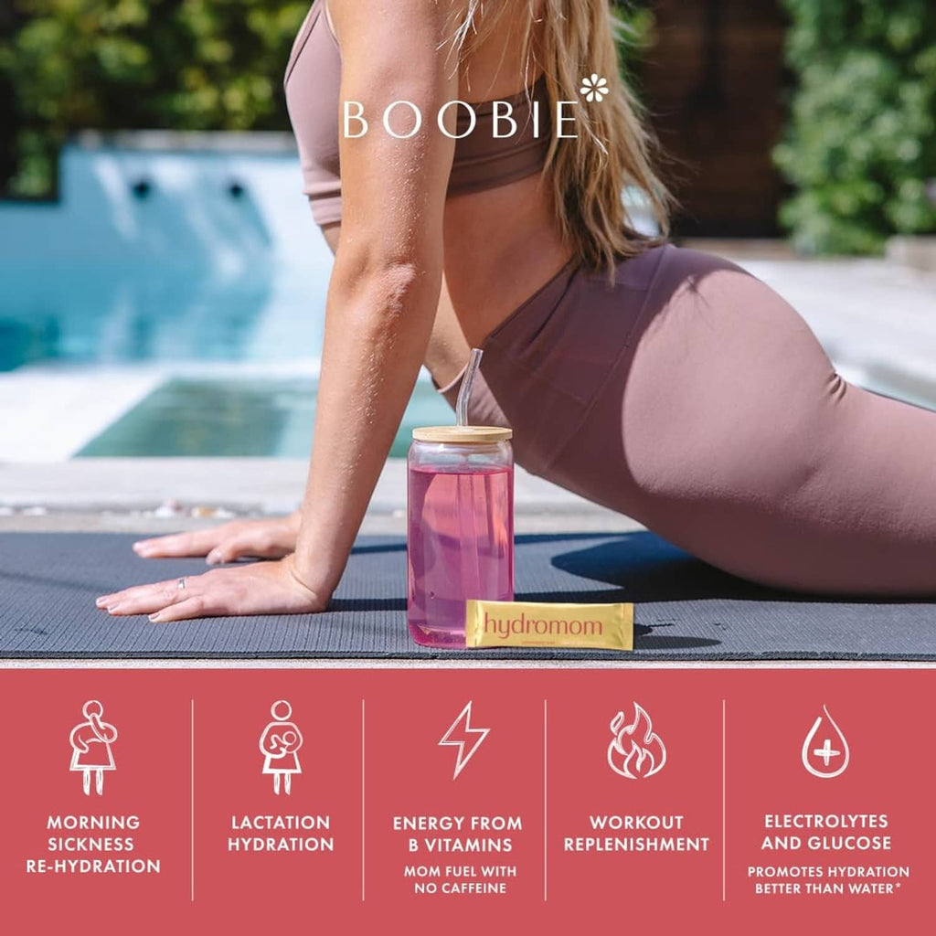 Hydromom strawberry kiwi drink mix jar and packet with workout and hydration callouts
