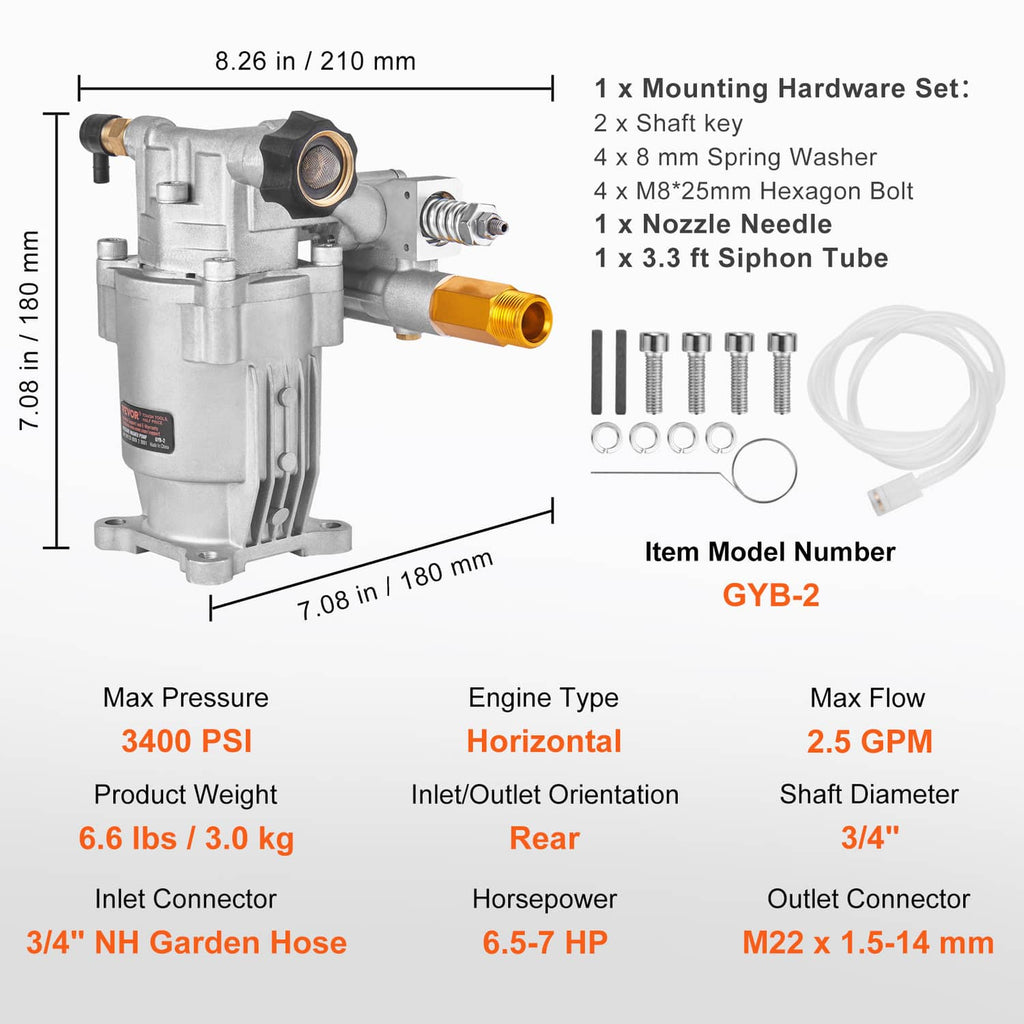 Pressure washer pump with mounting hardware set, 3/4 in shaft, rear inlet/outlet layout