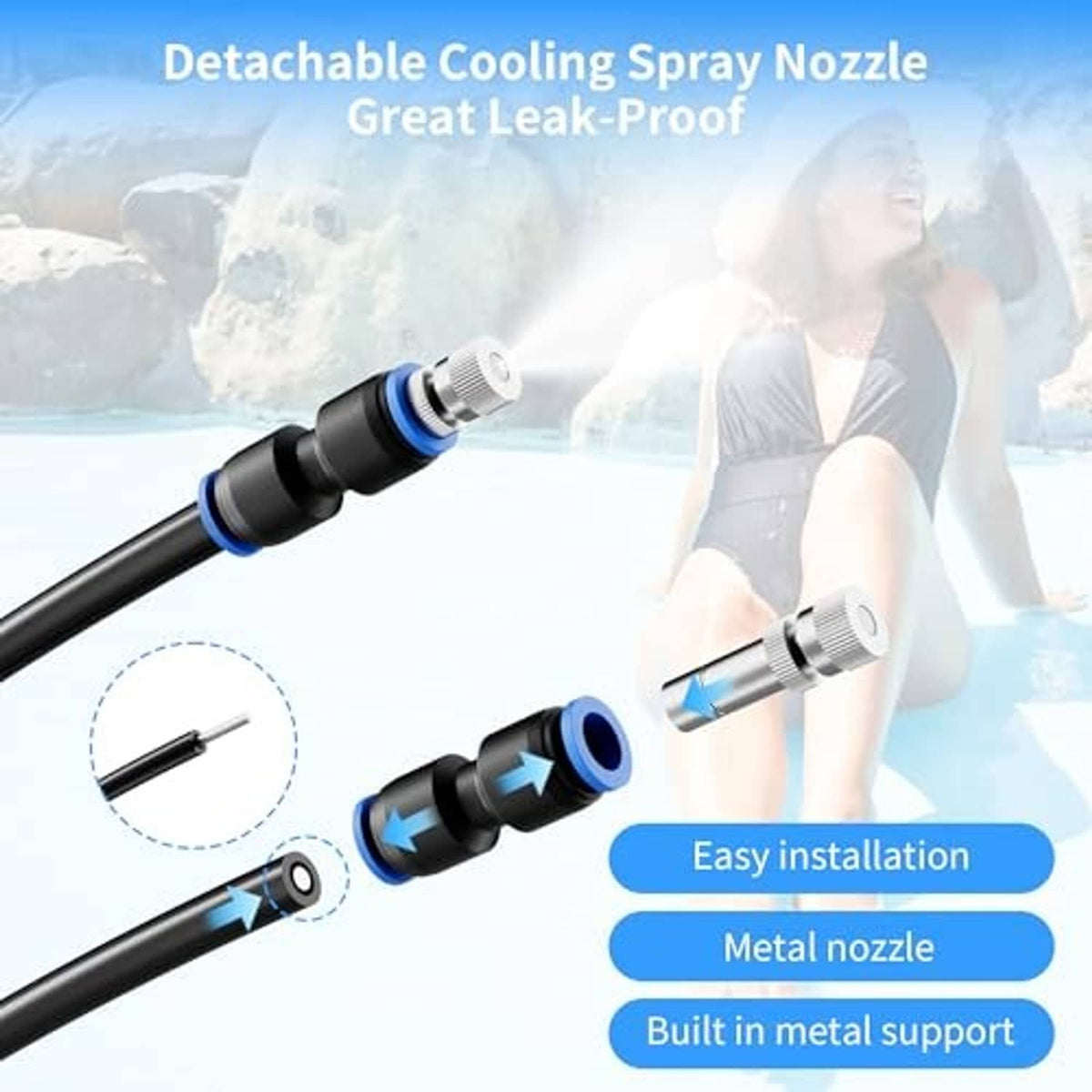 Detachable metal mist spray nozzle with blue-ring connectors on black hose