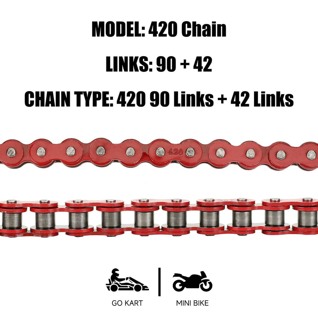 Red 420 chain links set labeled 90 plus 42 links, front and side view