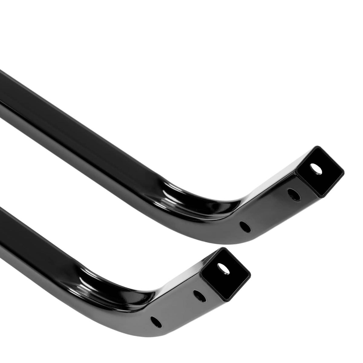 Black steel roof support struts, close-up of curved mounts and bolt holes