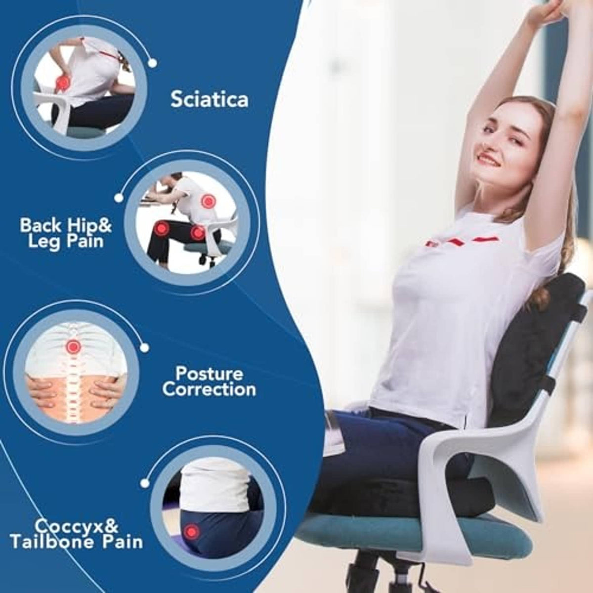 Black seat cushion and back lumbar pillow on office chair with ergonomic shape