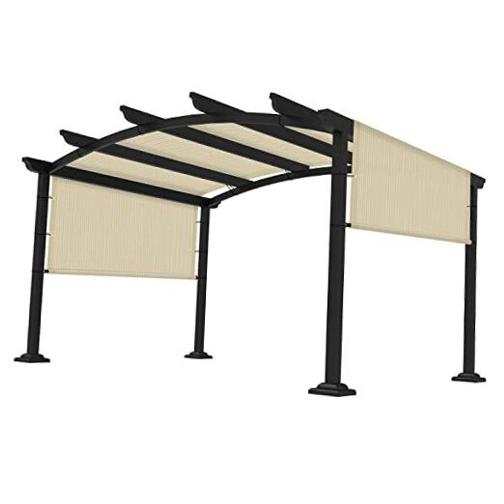 Beige pergola shade cover canopy with black support frame and slatted top