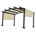 Beige pergola shade cover canopy with black support frame and slatted top
