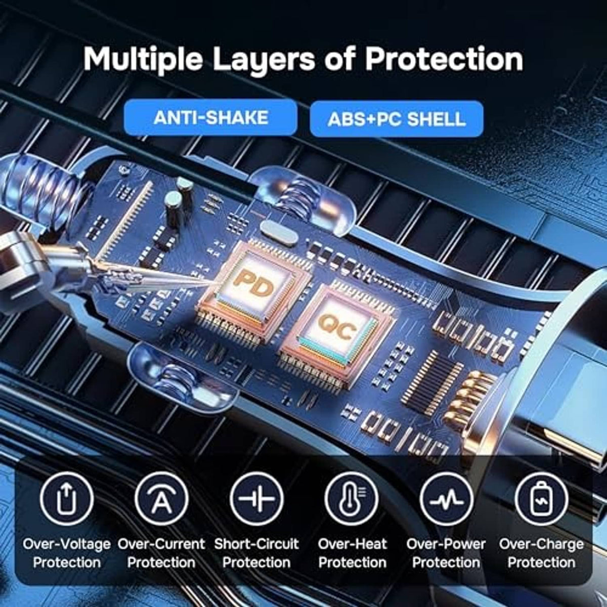 Black car charger showing internal protection circuitry and safety features on PCB
