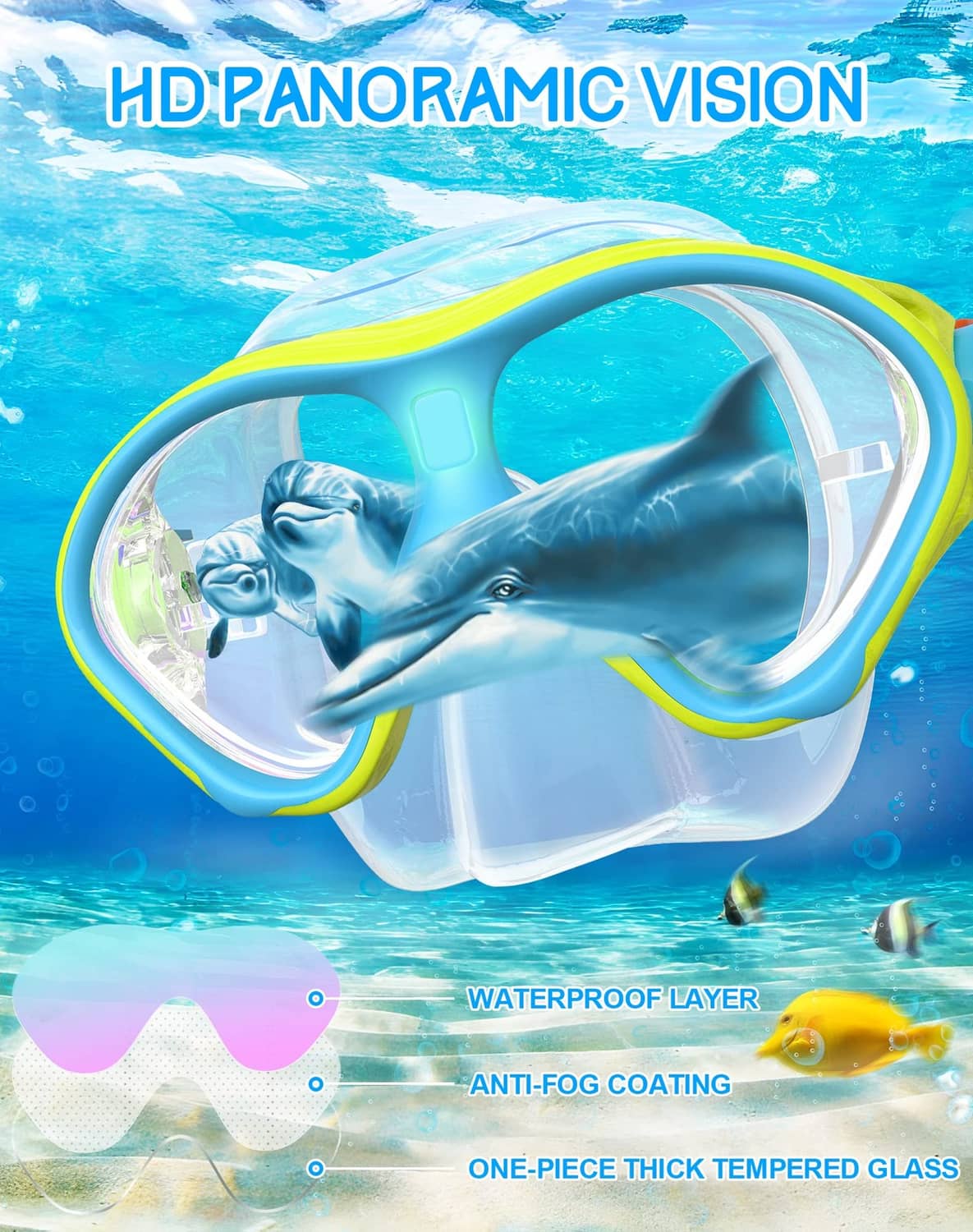 Kids snorkel diving mask with wide clear lenses and yellow-blue frame